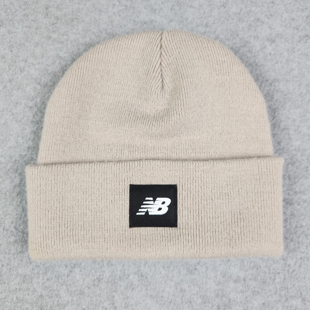 New Balance Beanie Hat Mens One Size Tan Ribbed Logo Patch Cuffed Winter Classic